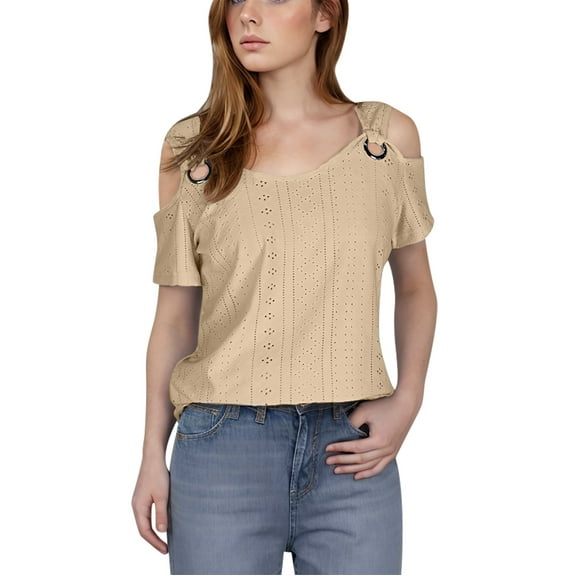 Women's Cold Shoulder Tops Short Sleeve V Neck T Shirts Cute Solid Basic Summer Tees