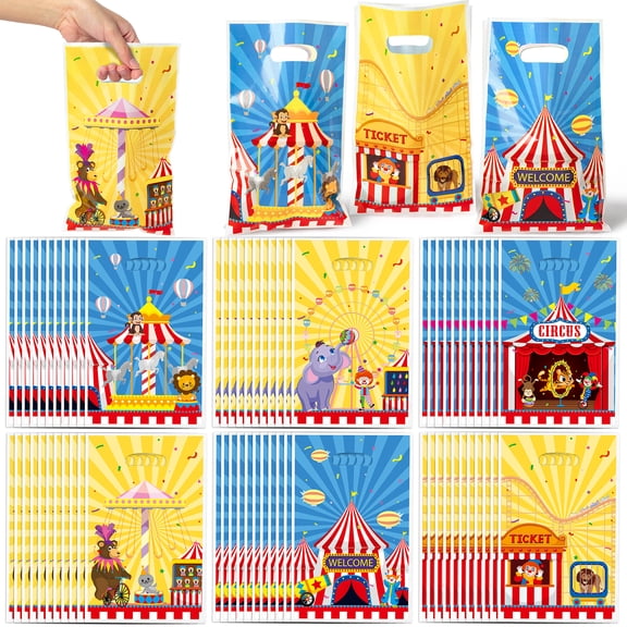 Belanttega 150-Pack Circus & Carnival Print Paper Handle Bags - Bulk 6.5"x10" Colorful Themed Bags for Packaging, Organization & Events