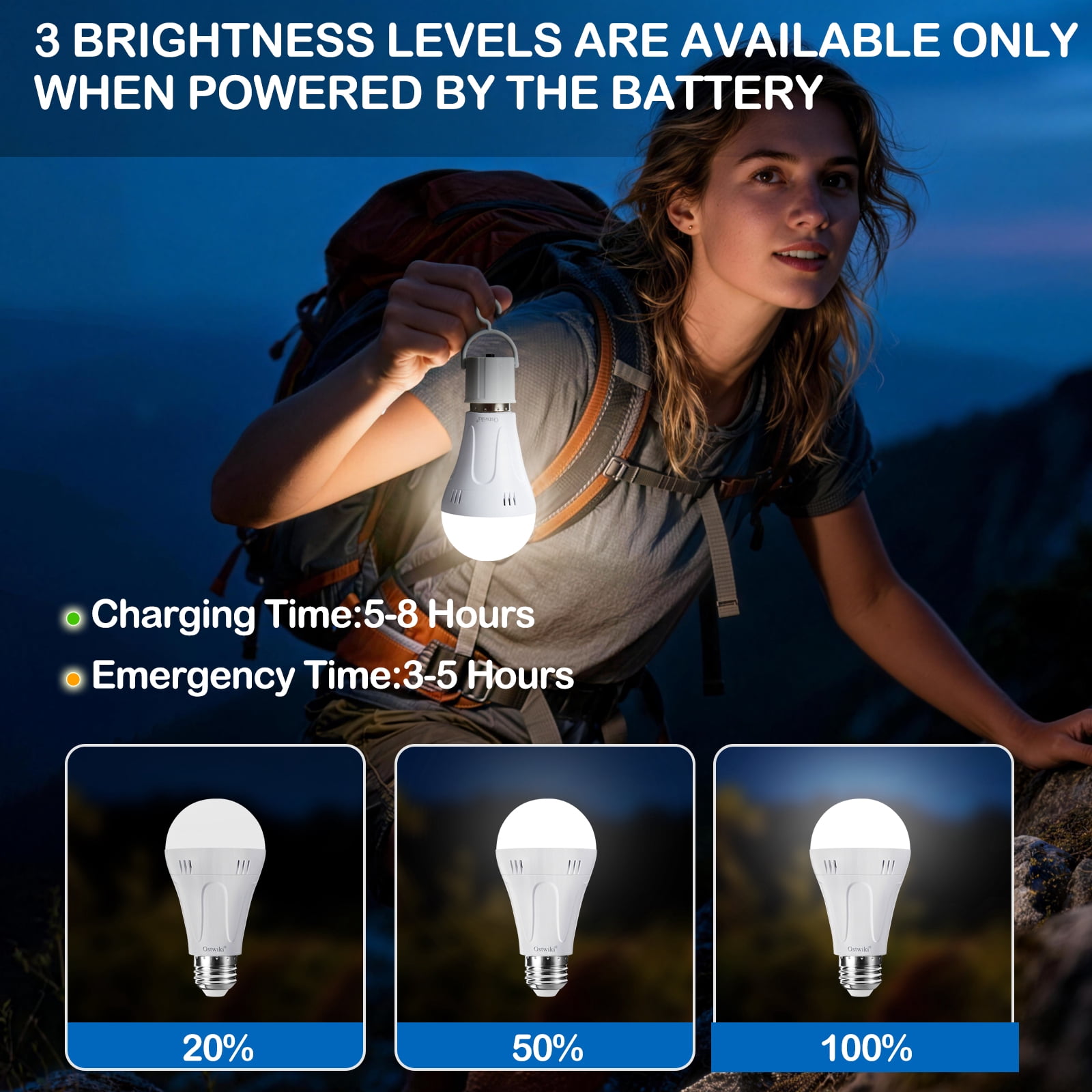 Ostwiki Rechargeable Emergency LED 9W Cool White General Purpose Light Bulbs, Dimmable 10 Pack