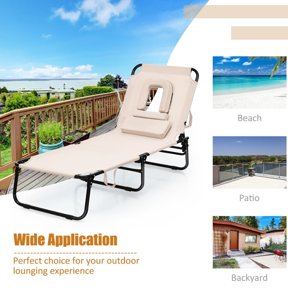 Aimee Lii Outdoor Folding Chaise Beach Pool Patio Lounge Chair Bed with Adjustable Back and Hole, Patio Loungers, Beige