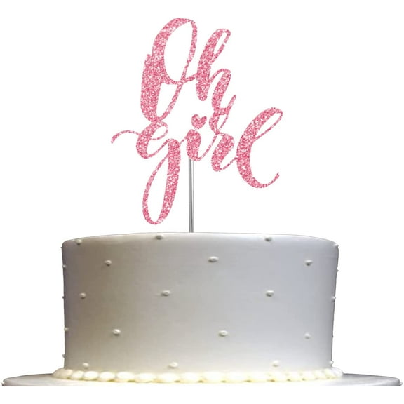 Oh Girl Cake Topper Pink Glitter, Baby Shower Party Decoration, Sturdy Doubled Sided Glitter, Acrylic Stick. Made in USA