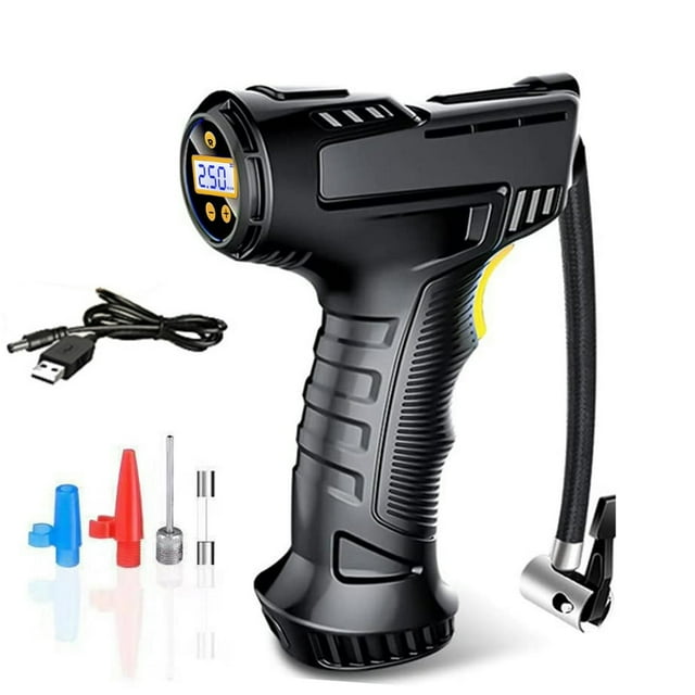 Cordless Tyre Inflator 12V 120W USB Rechargeable Air Compressor Handheld Electric Digital Tire Pump with LED Light and 2000mAh Battery for Car Motorcycle Bicycle