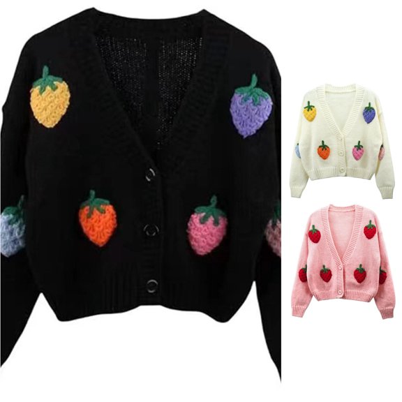 Wxolcjlv Strawberry Print V Neck Cardigan for Women Button Front Long Sleeve Casual Daily Knitwear