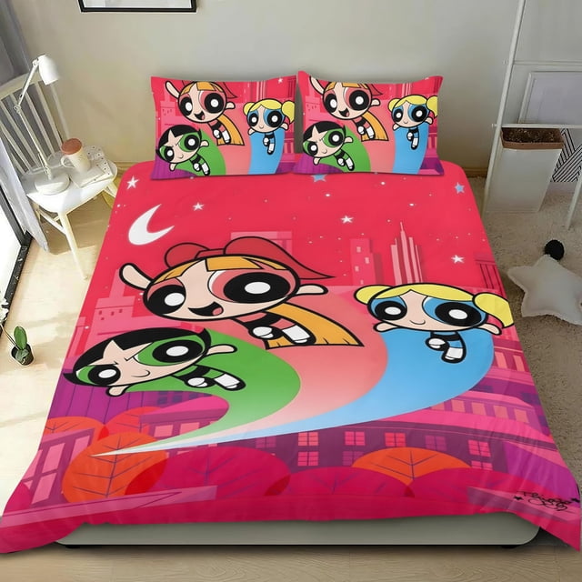 Las Chicas Superpoderosas Conjunto de sábanas temático, trío de piezas, cómodo y amigable con la piel, diseño único, regalo de decoración para el hogar para familiares, amigos y fans,140cm *210cm