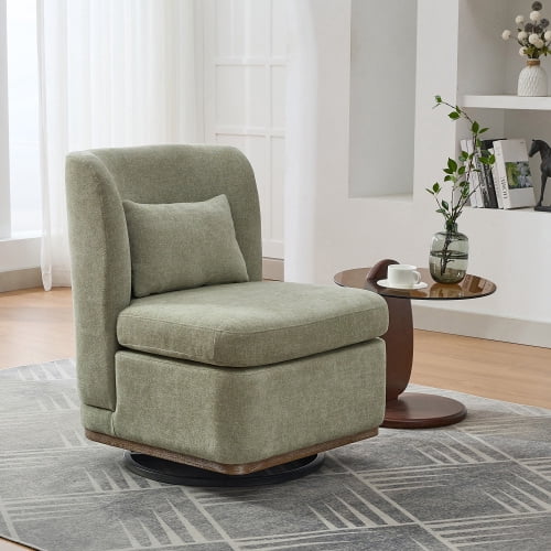 BSHTI 25.2" Wide Modern Chenille Cushioned Armless Metal Base 360°Swivel Chair with Pillow,Suitable for Living Room,Family Room,Bedroom,Lounge Area,Office.Pale Green