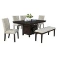 thumbnail image 1 of Rustic Dark Oak Wood 6pc Dining Set with Table + Beige Linen Chairs + Bench, 1 of 6