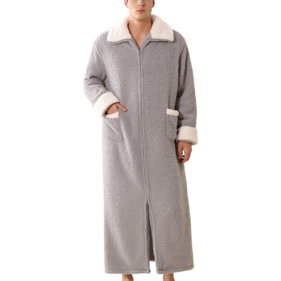 SWSMCLT Men's Long Warm Bathrobe Pajamas Soft Pjs Fall Thick Pocket Winter Comfy Robe Long Sleeve Warm Microfiber Zip Up Grey Small