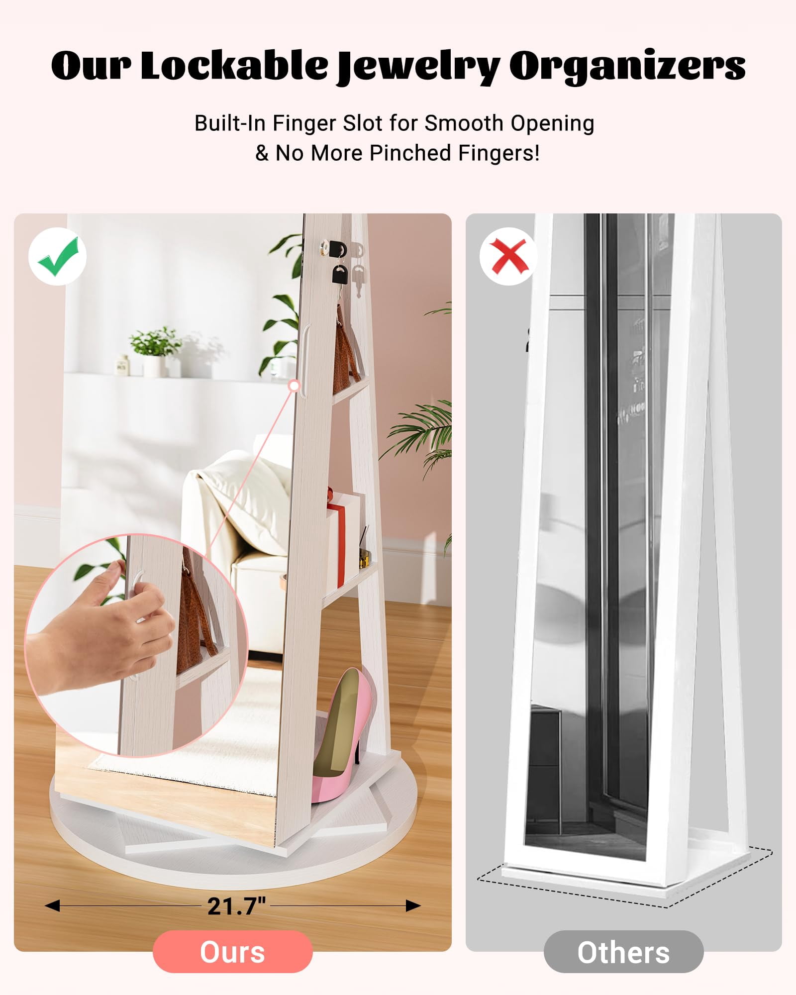 Jewelry Armoire with Frameless Full-Length Mirror, 360° Swivel Jewelry Cabinet Organizer Standing with 3 Back Shelves, 6 LEDs, Storage Lockable for Women Gift, White