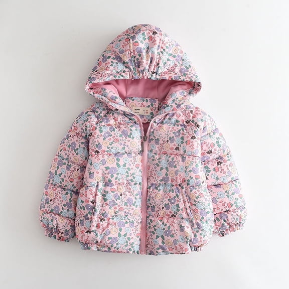 FAIOROI Toddler Girls' Pink Floral Puffer Jacket - 3T, Hooded Full-Zip, Quilted Warm Winter Coat for 3-12Y, Nylon Spandex, Elastic Cuffs, Side Pockets