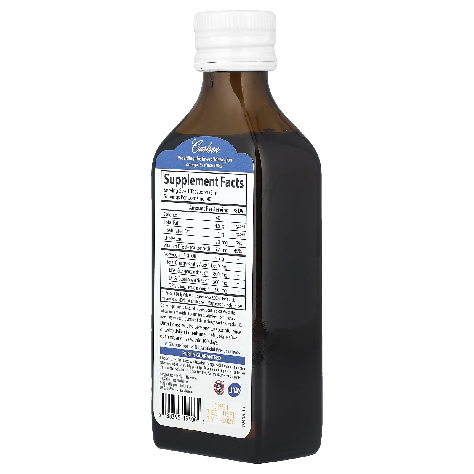 Carlson - The Very Finest Fish Oil, 1600 mg Omega-3s, Norwegian, Wild Caught, Sustainably Sourced, Just Peachie, 200 mL (6.7 Fl Oz)