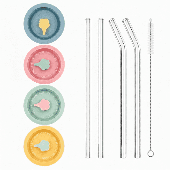 JOWBOOW Silicone Mason Jar Lids with Straw Hole, BPA-free, Airtight Reversible Covers, 4-Pack