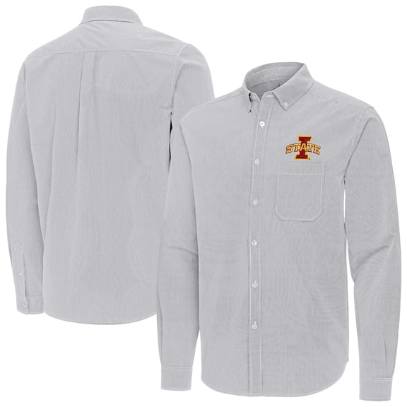 Men's Antigua Gray Iowa State Cyclones Porter Woven Tri-Blend Long Sleeve Button-Down Shirt