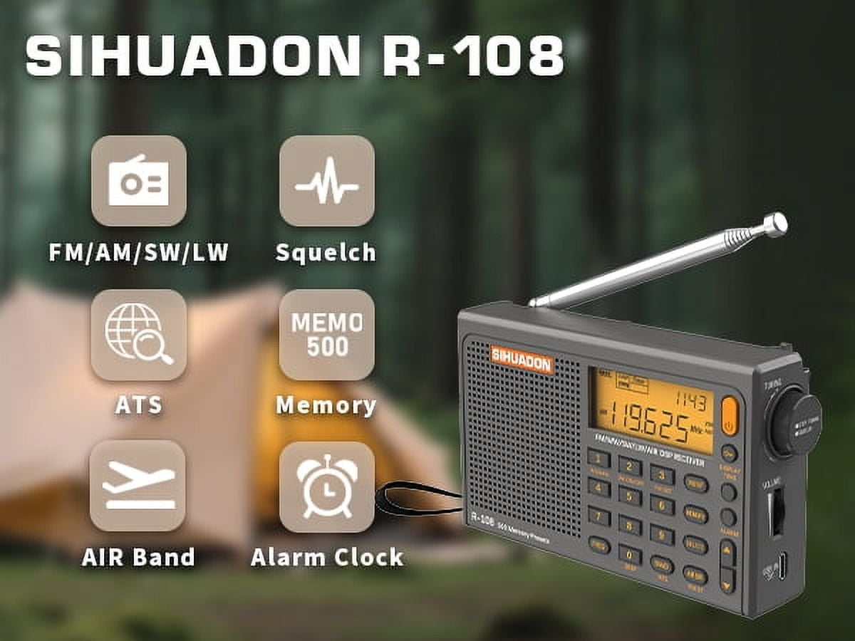SIHUADON R-108 (Gray) FM Stereo/SW/MW/LW/Airband DSP Portable Digital Shortwave Radio, Easy to operate for Family and Outdoor