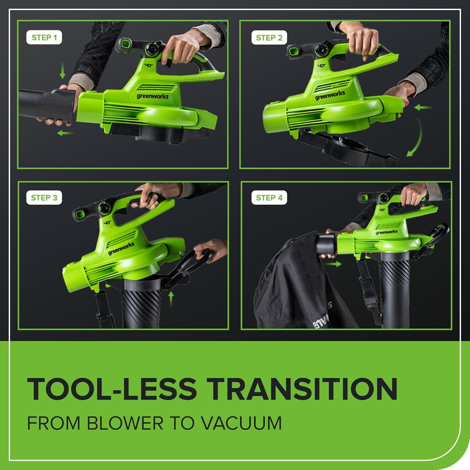Greenworks 40V (230 MPH / 505 CFM) Cordless Brushless Leaf Blower/Vacuum with Bag, High Power, Lightweight & Quiet for Yard Debris Cleanup, Battery and Charger not included