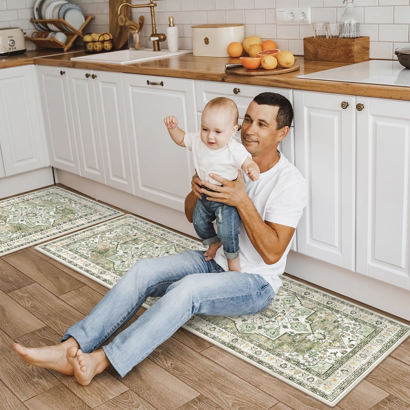 Findosom 2pcs Kitchen Rugs, Washable Boho Farmhouse Kitchen Mats for Floor, Non Slip Thick Indoor Kitchen Floor Mat Carpet Runner Rugs for Entryway Hallway Laundry Home Decor 20"x32"+20"x47" Green