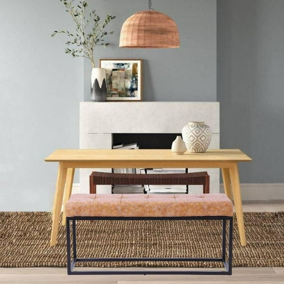 Oli Tan Bench with Black Frame, Tan Distressed Finish Leather Upholstery, Stylish Ottoman, Rectangular Bench, Indoor Bench, Ideal for Dining Room, Living Room, Bedroom, Entryway, Hallway