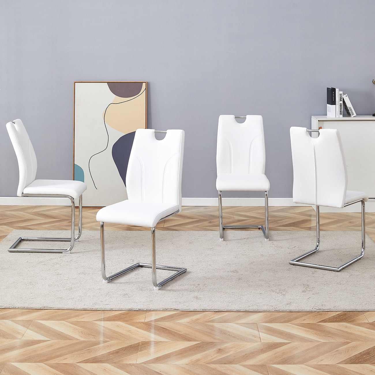 NYEESS Set of 4 White PU Dining Chairs with Silver Metal Legs, Upholstered Modern Kitchen and Dining Room Chairs