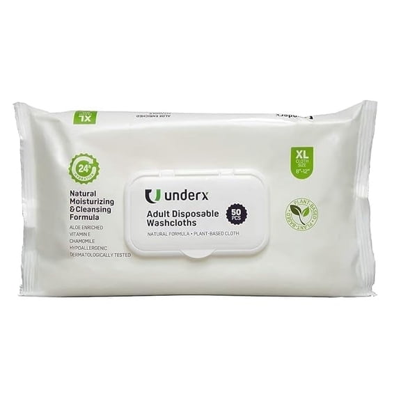 Underx Disposable Washcloths - Adult Wipes for Incontinence & Cleansing, Formulated with Vitamin E & Aloe Vera - Hypoallergenic, Flushable & Plant Based Wipes, XL - Pack of 1