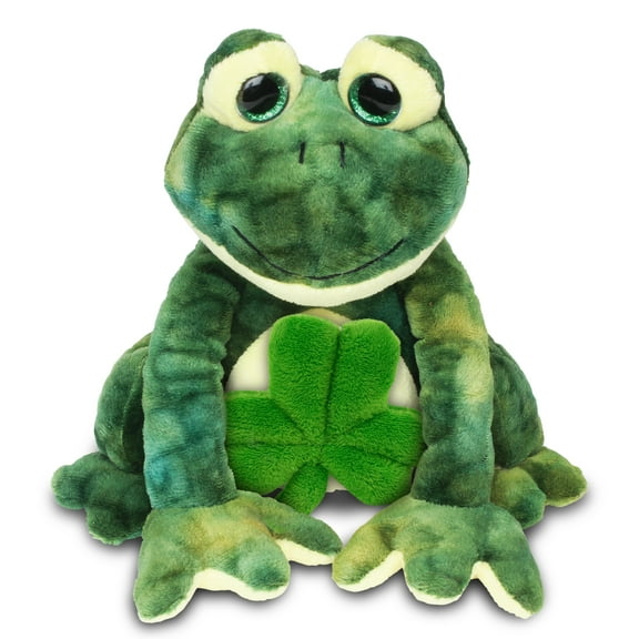 DolliBu Super Soft Squat Frog Stuffed Animal with Green Plush Shamrock, Cute Green Shamrock Plush, Fun St Patricks Day Stuffed Animal Frog, Good Luck St Patricks Day Toys for Kids, Baby - 10.5 Inches