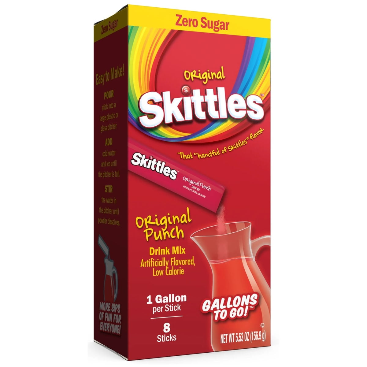 Skittles Zero Sugar Gallons-to-Go Powdered Drink Mix, Original Punch, 8 Count Gallon Pitcher Packets