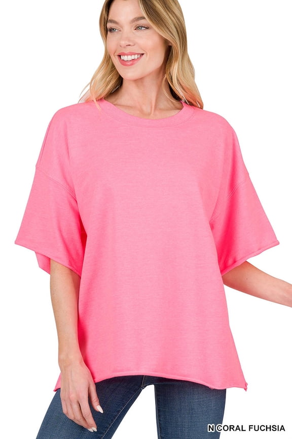 Women & Plus Cotton French Terry Drop Shoulder Raw Edge Relaxed Casual Solid Tee Shirt Top