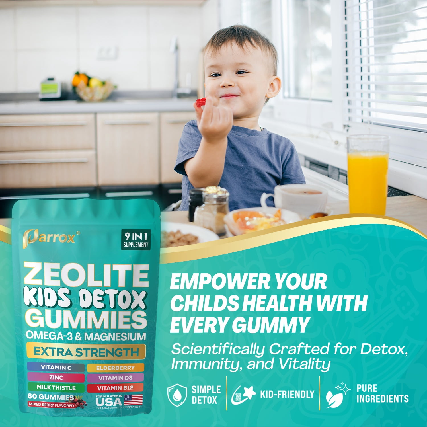Parrox Zeolite Detox Gummies for Kids, Elderberry Extract 10mg, Kids Detox, Immune & Gut Health, Energy, Brain & Bone, Omega-3, D3, B12, Mixed Berry, 60 count