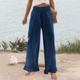 thumbnail image 6 of Linen Pants Women Smocked High Waisted Wide Leg Cropped Palazzo Pants with Pockets Flowy Boho Ruffle Ankle Beach Pant Navy XL, 6 of 6