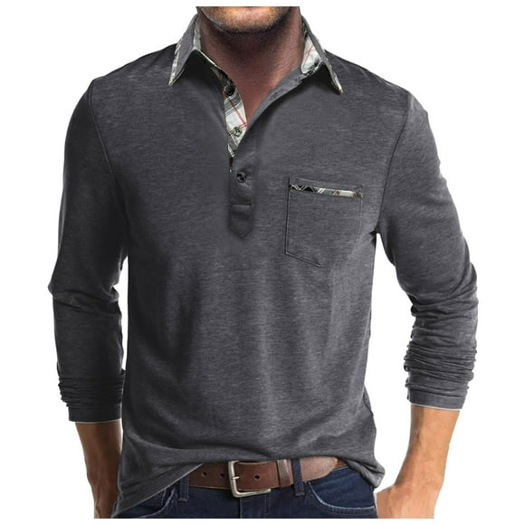 Ketyyh-chn99 Men's Knit Short Sleeve Shirt Mens Casual Long Sleeved Mens Lapel T Shirt Color Matching Shirt Size for S,Dark Gray