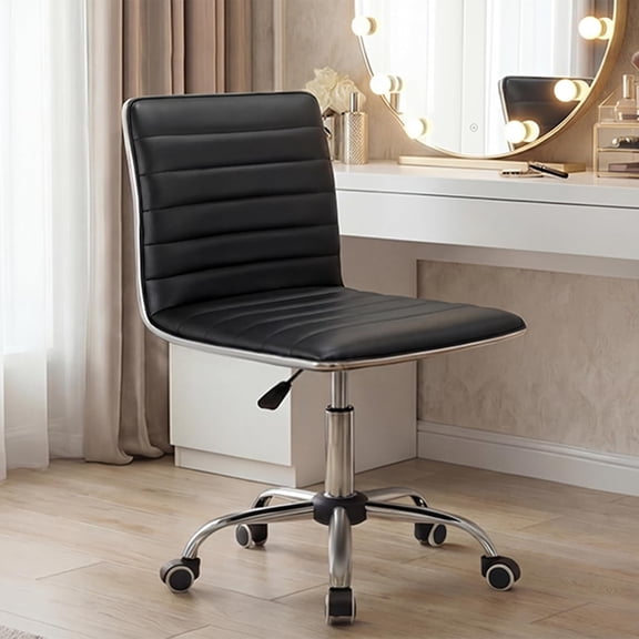 BarefHaven Vanity Office Desk Chair with Wheels, Armless Small Cute Leather Makeup Computer Task Chair Adjustable Height 360Β° Swivel (Black)