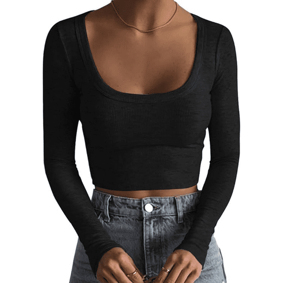 Women's Square Neck Long Sleeve Ribbed Slim Fitted Casual Basic Crop Top Black S