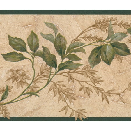 Green Brown Leaves on Vines Beige Floral Vintage Wallpaper Border Retro Design, Roll 15' x (Best Green Nature Wallpapers)