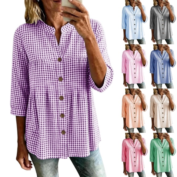 HAOTAGS Womens 3/4 Sleeve Tops,Summer Causal Plaid V-neck Blouse Yellow Size S