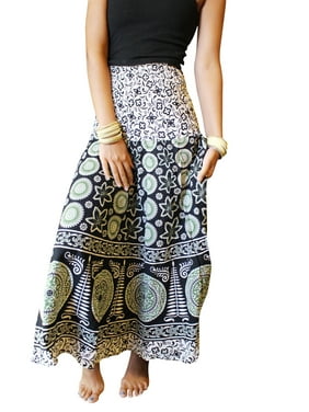 Mogul Women Maxi Long Skirt Black Block Printed A-Line Cotton Summer Style Summer High Waist Skirts S/M