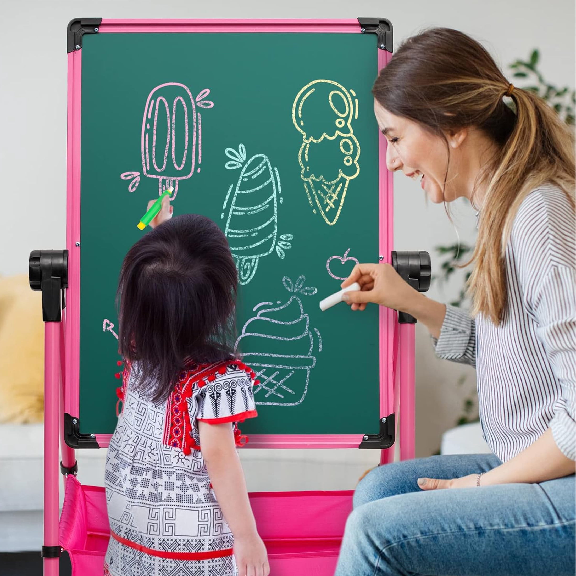 Ealing 360°Rotating Art Easel for Kids Over 3 Years Old,Height Adjustable  with 29.5"-44",Pink