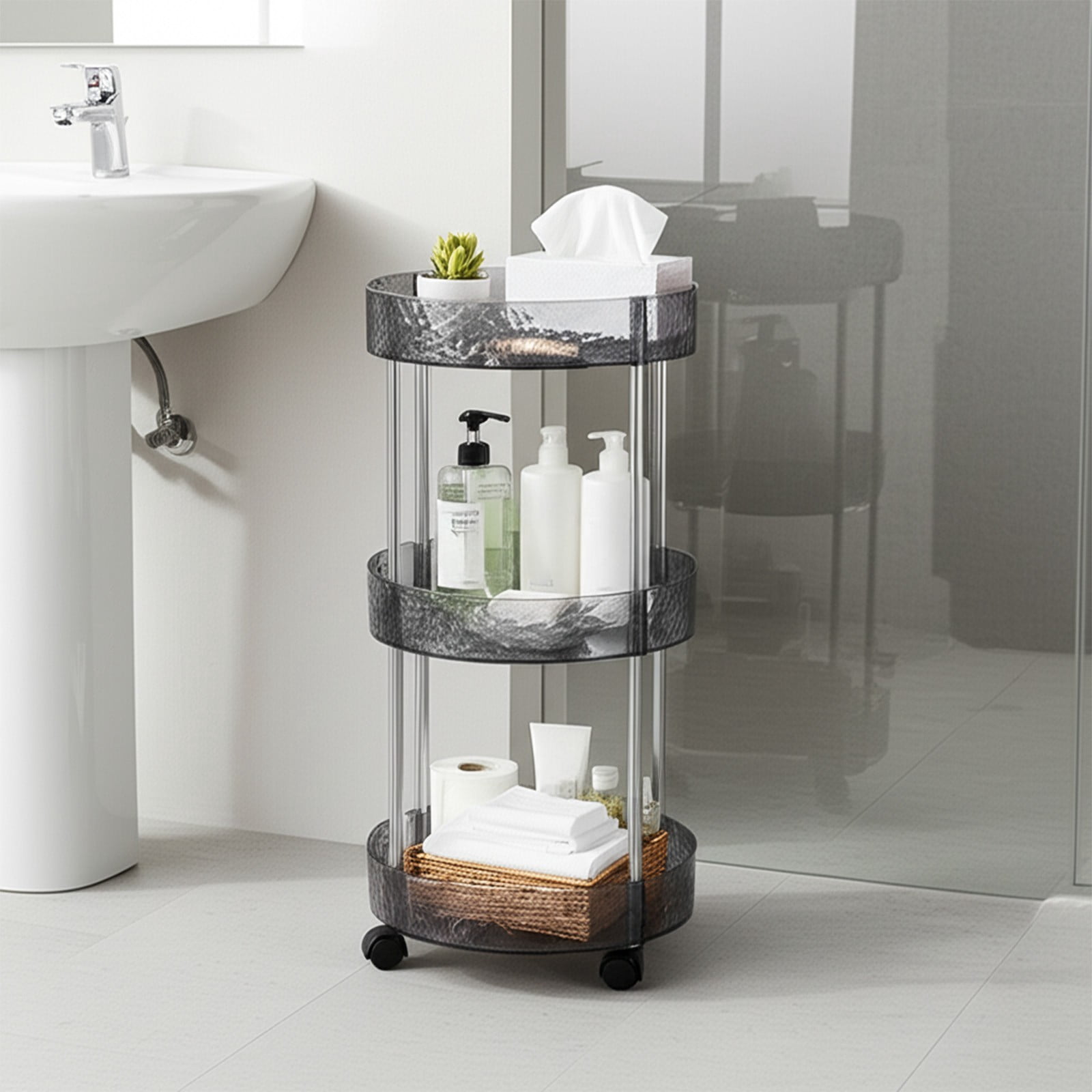 3 Tier Floor Storage Rack with Wheels for Kitchen Bathroom Living Room, Multi-Layer Organizer for Utensils Snacks Toiletries Shoes, Space Saving Vertical Storage Solution, Easy to Move and Access