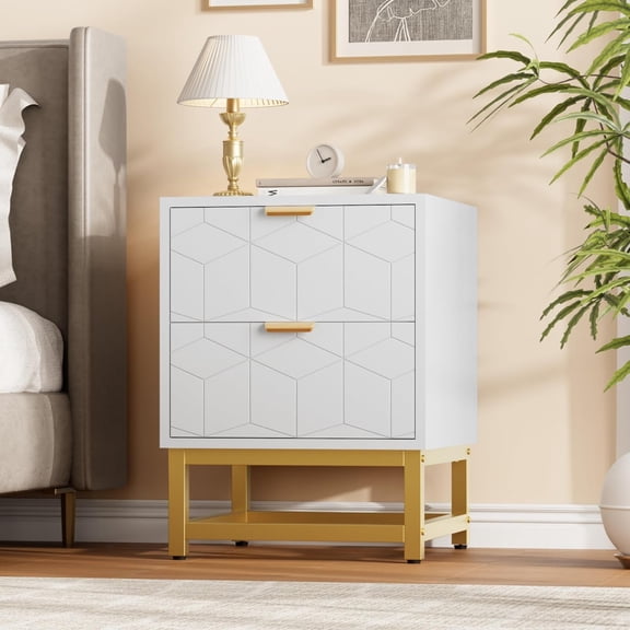 GAOMON 2 Drawer Dresser, Modern Small Nightstand with Gold Handles, Wood Storage Cabinet for Bedroom, Nursery, Entryway, White