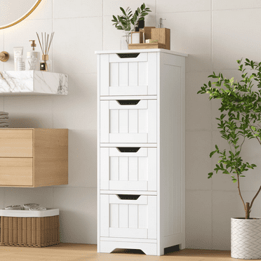 Homfa Modern Bathroom Floor Cabinet with 4 Drawers, Free Standing Medicine Cabinet Storage Organizer Unit for Living Room Bedroom, White