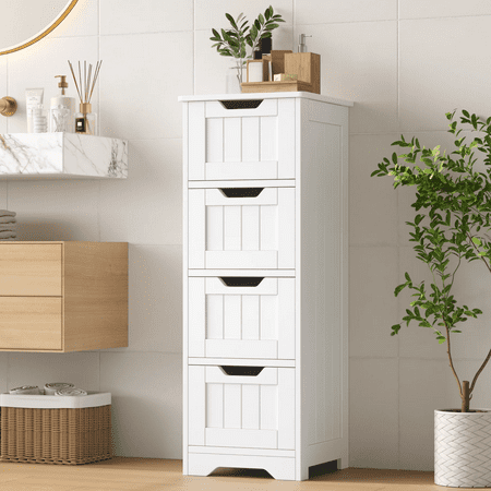 Homfa Bathroom Storage Cabinet  Free Standing Narrow Cabinet with 4 Drawers Entryway Storage Organizer for Living Room Bedroom  White