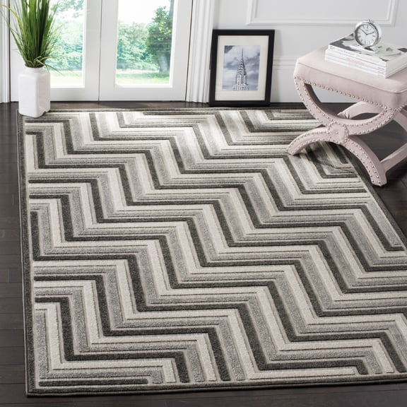SAFAVIEH Cottage Maria Geometric Lines Indoor/Outdoor Area Rug Dark Grey/Light Grey, 5'3" x 7'7"