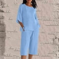 thumbnail image 2 of UAMVSH Womens Plus Size Capri Sets Cotton Linen 2 Piece Outfits Soft 3/4 Sleeve Side Slit Pullover Tops Cropped Shorts with Pockets(5X-Large,Light Blue 2), 2 of 5