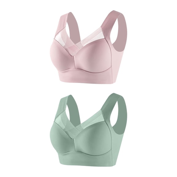 Women's 2 Pack Bras, Womens Wireless Bras V Mesh Comfortable Bralette Supportive Tshirt Bra No Underwire Seamless Push Up Everyday Bras L-6XL