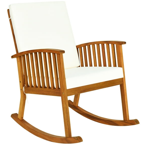 Costway Acacia Wood Rocking Chair Patio Garden Lawn W/ Cushion