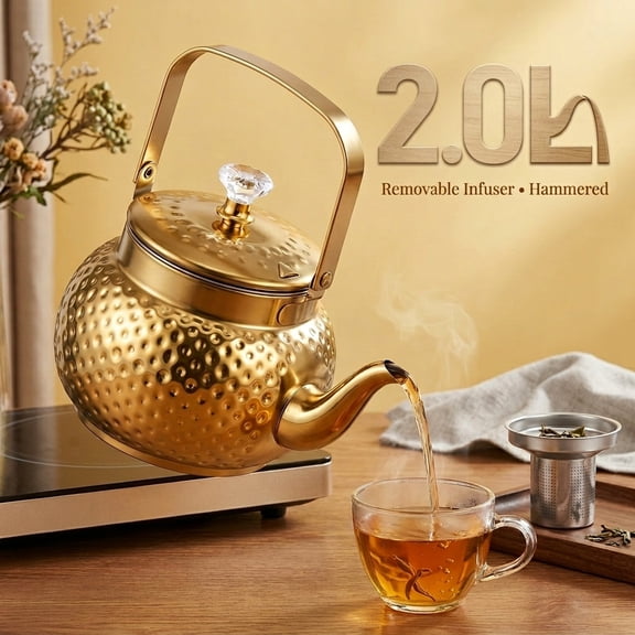 Fkszll Hammered Tea Kettle Stainless Steel Coffee Pot Loose Leaf Teapot for Milk Coffee Teapot with Strainer Stovetop Tea Kettle Outdoor Travel Supply Present,Gold,2L