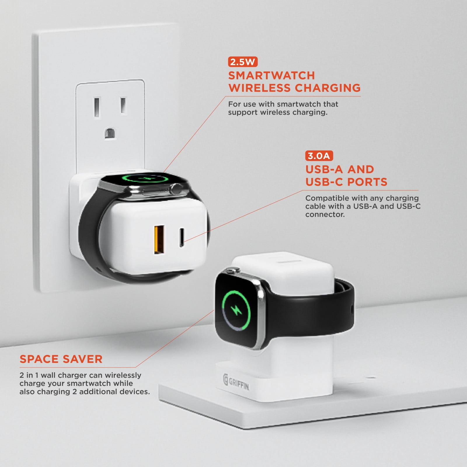 Griffin PowerBlock 20W Wall Charger with Smartwatch Wireless Charging, Dual USB-A & USB-C Ports, Fast Charging for Phones and Smartwatches