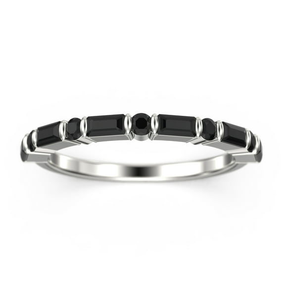 0.73ct Round and Baguette Cut black diamond moissanite Ring 18K White Gold Over Silver