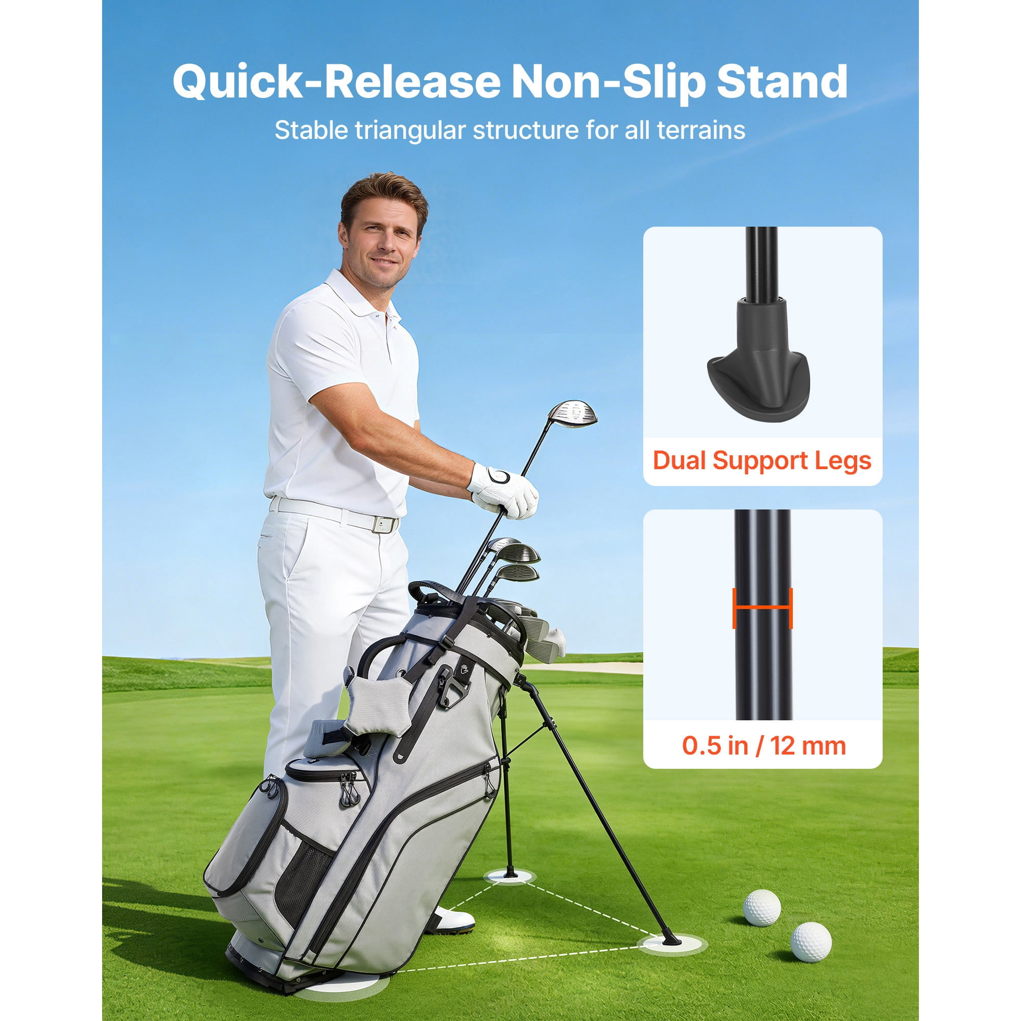 KFFKFF Golf Cart Bag with 14-Way Divider, Dual Shoulder Straps, Support Legs, Rain Cover, Multiple Storage Pockets, Lightweight Polyester Design for Men and Women
