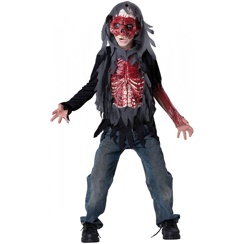Mens Reaper Skull Mask Bloody Skeleton Halloween Costume Hooded Skinned Alive 
