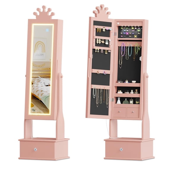Kids Jewelry Armoire with LED Light, Full-Length Mirror & 3 Drawers - Freestanding Organizer & Vanity Cabinet for Girls' Dress-Up,Pink