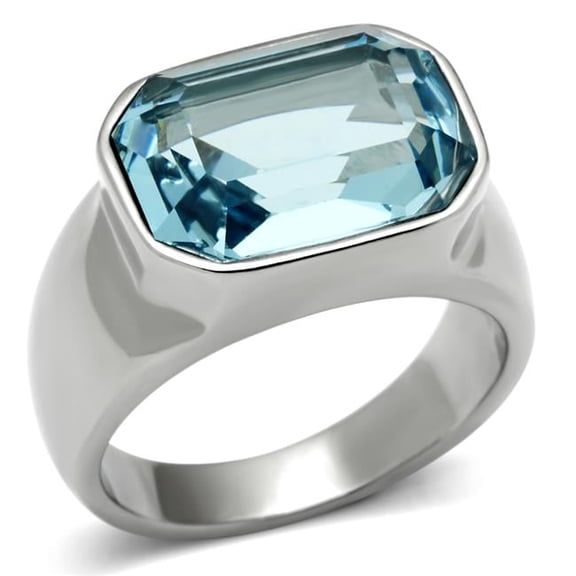 Alamode TK527-5 Women High Polished Stainless Steel Ring with Top Grade Crystal in Sea Blue - Size 5