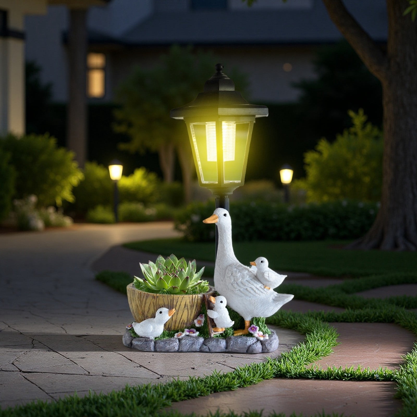 Solar Garden Statue, Figurines with Solar Lantern & Flowerpot Outdoor Decor, Resin Bird Sculptures for Patio Lawn Backyard Porch, Unique Gift for Women Mom